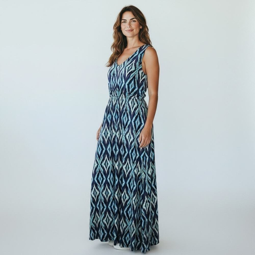 Coldwater Creek Size XL Blue Ikat Diamond Geometric Sleevless Maxi Dress Boho